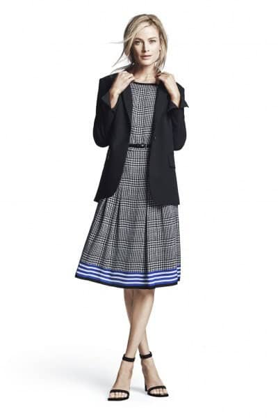 Grey Plaid Belted Flare Midi Dress with Black Blazer