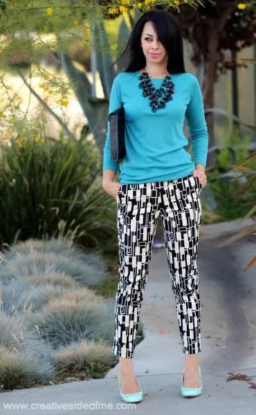 Blue Slim Fit Long Sleeve Tee with Printed Pants