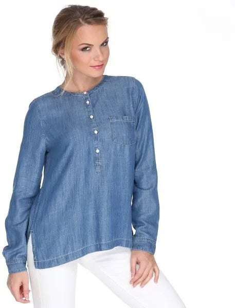 Faux Chambray Rayon Collarless Shirt