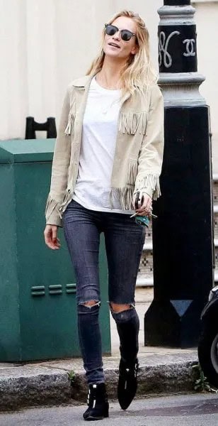 Pale Pink Suede Jacket with Ripped Skinny Jeans