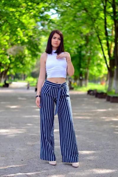 White Cropped Sleeveless Top with Striped Wide Leg Pants