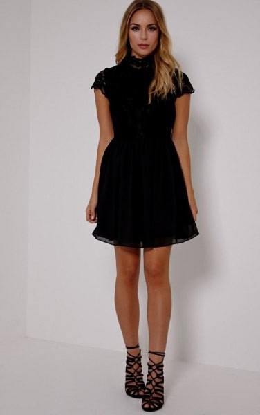 Black Short Sleeve High Neck Tulle Dress