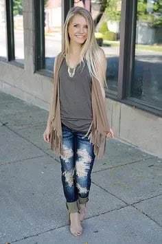 Sleeveless Fringe Cardigan with Ripped Boyfriend Jeans