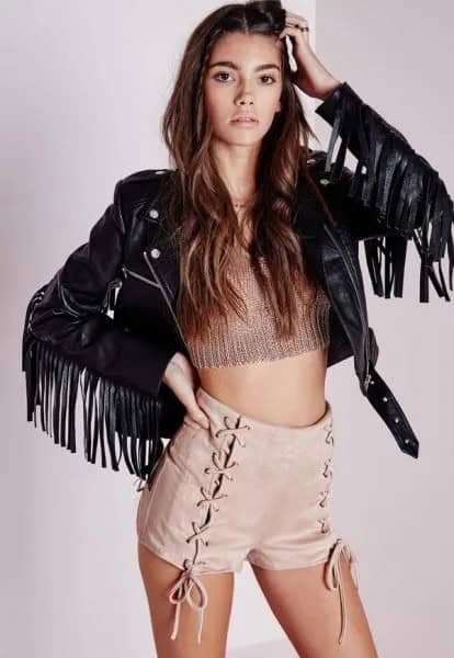 Pale Pink Lace Up Suede Shorts with Black Leather Fringe Jacket