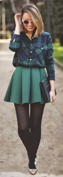 Navy Plaid Shirt with Grey High Rise Pleated Skater Skirt