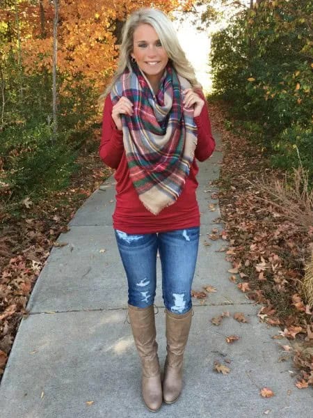 Red Dolman Sleeve Knit Sweater with Plaid Scarf