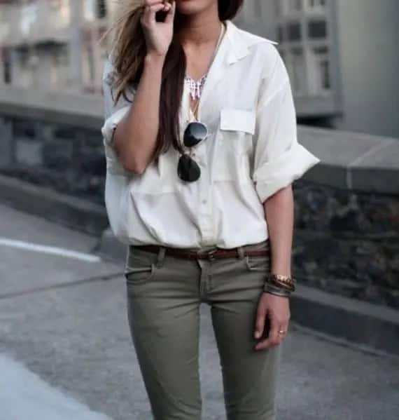 White Button Up Oversized Shirt with Green Jeans