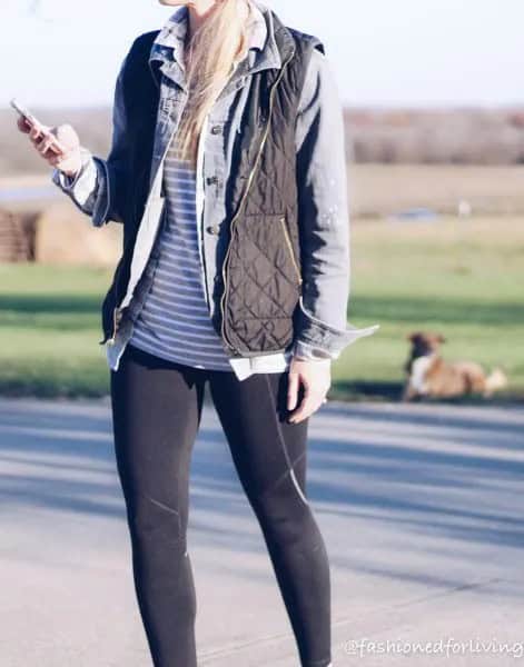 Striped Tee with Grey Vest & Running Tights