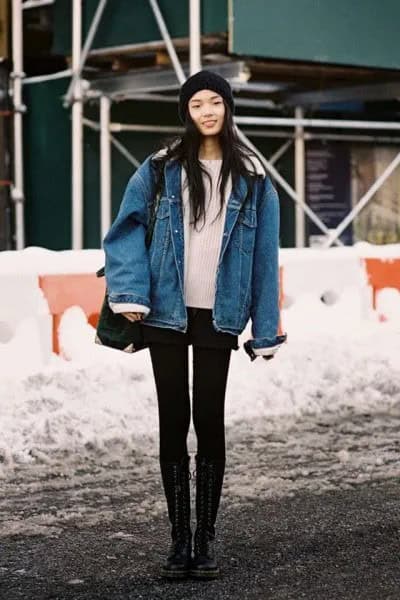 White Knit Sweater with Blue Denim Fur Lined Jacket