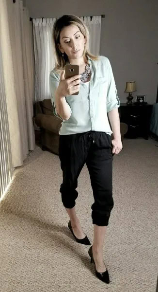 Button Up Shirt with Black Cropped Elastic Waist Chinos