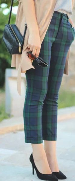 Pale Pink Sweater Cardigan with Green Plaid Cropped Skinny Pants