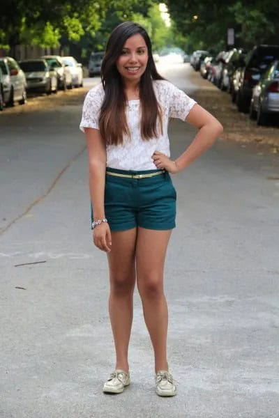 White Lace Blouse with Purple Shorts