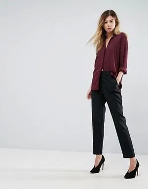 Burgundy Button Up Shirt with Black Chinos & Heels