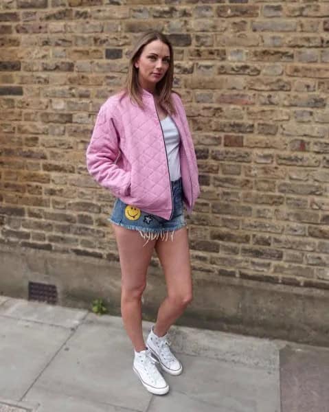 Pink Oversized Quilted Jacket with Denim Shorts & Converse