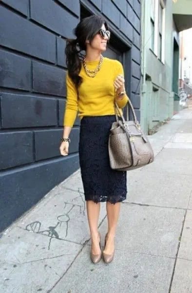 Mustard Top with Black Lace Midi Dress