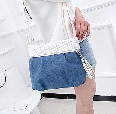 White Sweater with Mini Blue Denim Shorts & Shoulder Bag