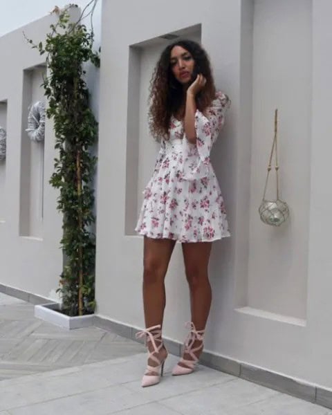 White and Blush Half Bell Sleeve Mini Swing Dress with Pink Heels