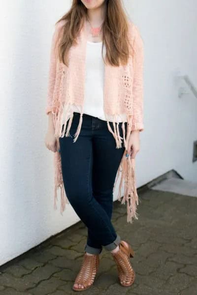 Ivory Fringe Crochet Cardigan with White Scoop Neck Vest Top & Dark Blue Skinny Jeans