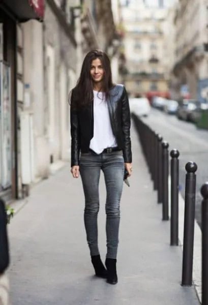 Black Leather Jacket with White Oversized Tee & Grey Skinny Jeans