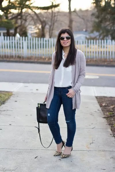 White Button Up Pocket Front Silk Blouse with Grey Cardigan