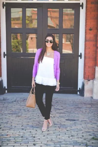 Purple Cardigan with White Strapless Peplum Top