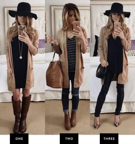 Gold Long Cardigan with Black Mini Shift Dress