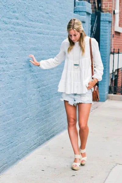 White Chiffon Peplum Blouse with Light Blue Jean Shorts