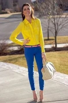 Yellow Button Up Shirt with Bright Blue Ankle Pants