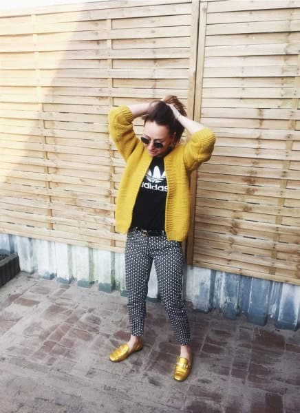 Yellow Cardigan with Black Print Tee & Polka Dot Pants