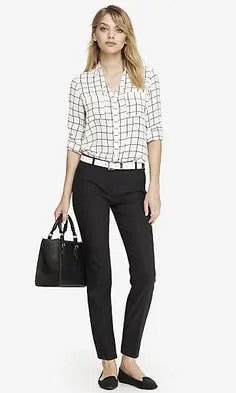 Grey and White Plaid Shirt with Black Skinny Dress Pants