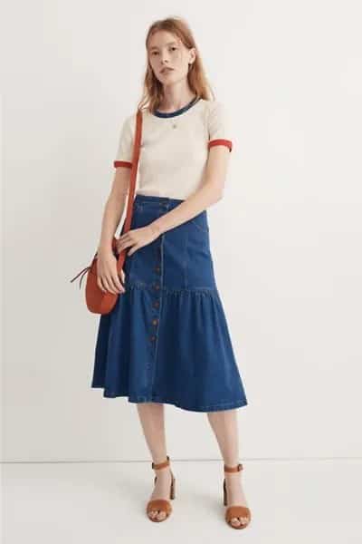 White T Shirt with Blue Midi Denim Peasant Skirt