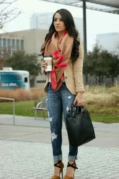 Tan Blazer with Green Blanket Scarf & Cuffed Slim Fit Jeans