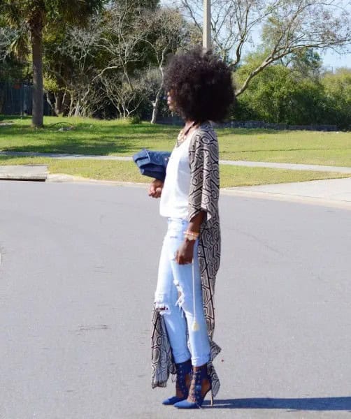 White Tank Top with Maxi Tribal Printed Cape & Denim Bag