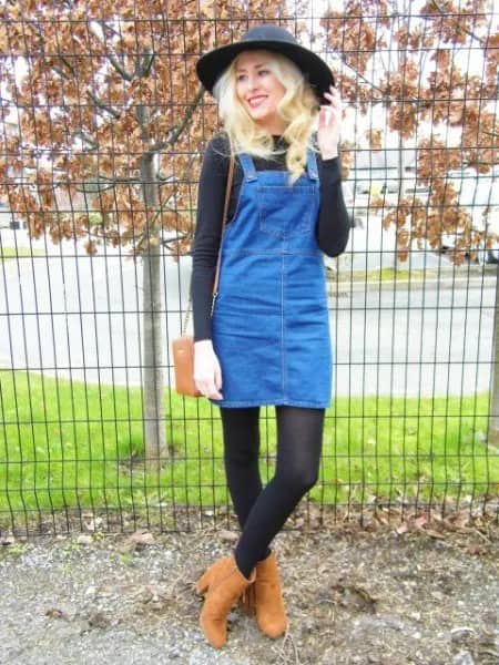 Blue Denim Pinafore Dress with Black Top & Felt Hat