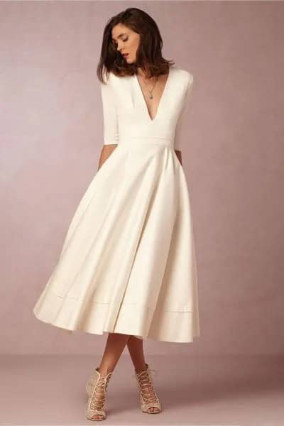 White Half Sleeve Deep V Neck Midi Flared Dress