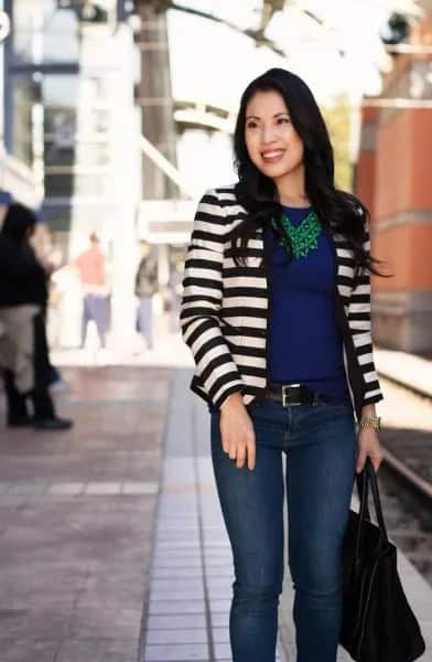 Black and White Striped Blazer with Navy Blue Chiffon Blouse