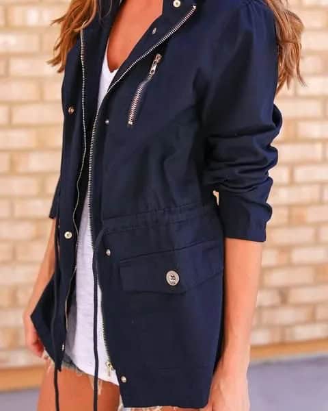 Black Anorak Jacket with White V Neck Vest Top & Denim Shorts