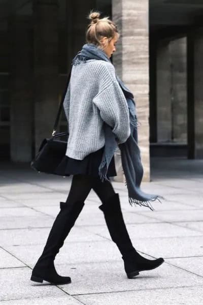 Black Wide Calf Knee High Boots with Grey Knit Sweater