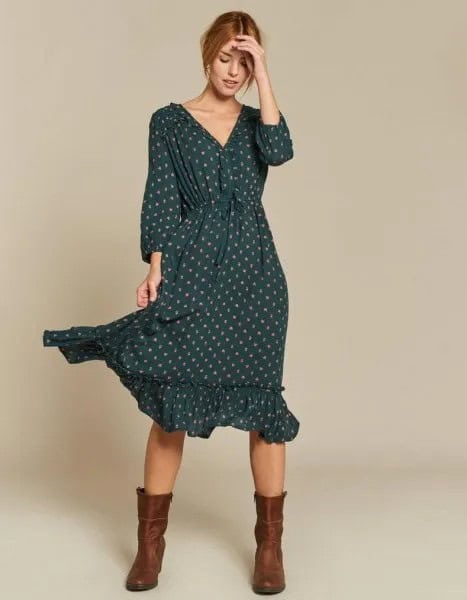 Green Ruffle Hem V Neck Long Sleeve Polka Dot Midi Dress with Mid-Calf Boots