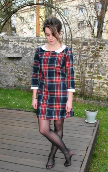 Black and Red Tartan White Collar Mini Dress