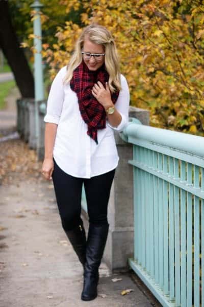 White Button Up Shirt with Red and Black Plaid Scarf & Ponte Pants