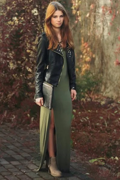 Green Side Slit Maxi Dress with Leather Jacket