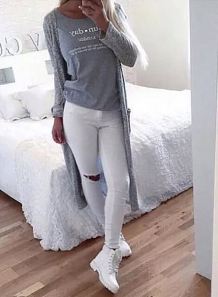 White Jeans with Grey Long Knit Cardigan