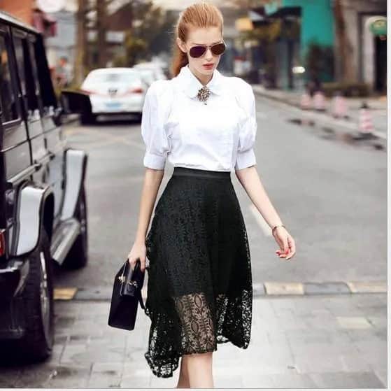 White Collar Puff Sleeve Blouse with Black Lace Skirt