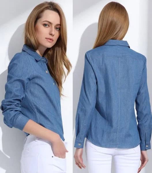 Blue Slim Fit Denim Shirt with White Skinny Jeans