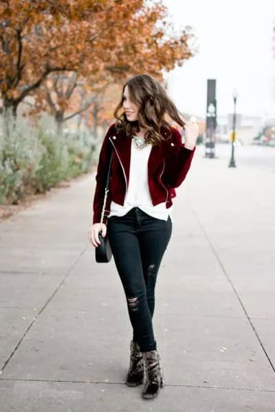 Black Short Jacket with White Chiffon Blouse & Ripped Jeans