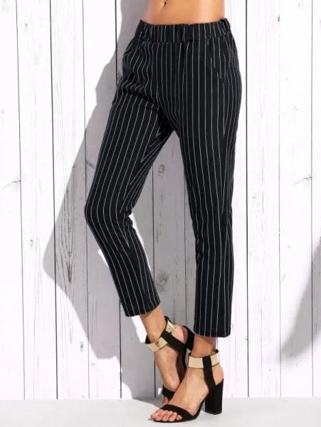 White Crop Top with Vertical Striped Elastic Waist Ankle Pants