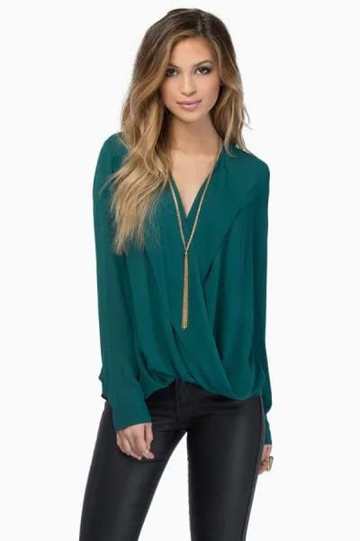 Teal Wrap Shirt with Black Leather Pants