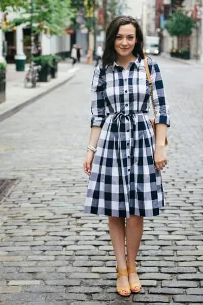 Long Sleeve Tie Waist Checkered Flared Shirt Dress