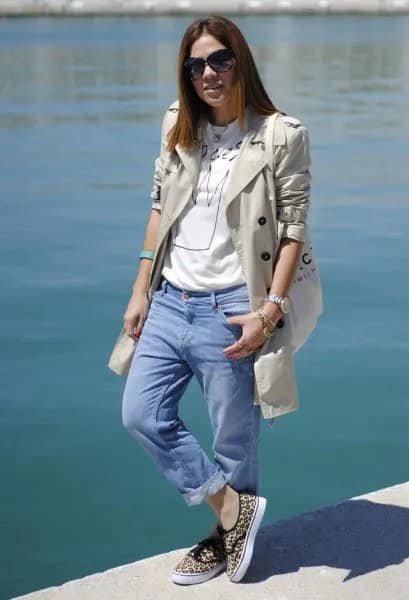 Pale Pink Longline Blazer with Light Blue Cuffed Boyfriend Jeans